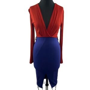 CEFIAN USA Deep V Purple Red Colorblock Fitted Dress Size S Small